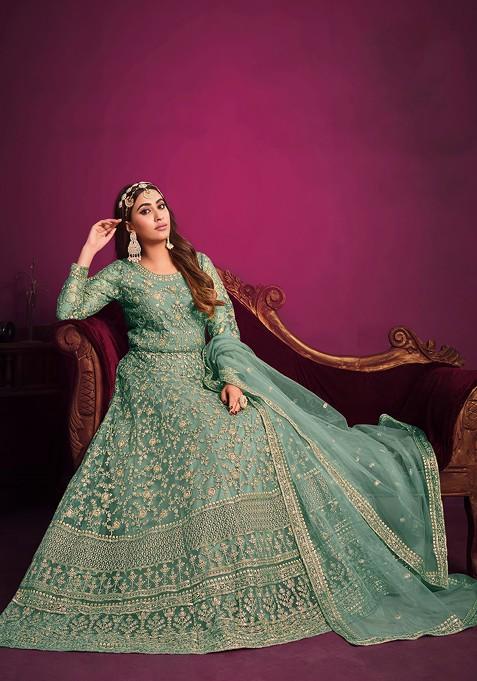 Sea Green Embroidered Net Anarkali Gown Set