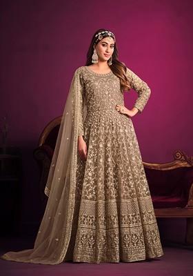 Beige Embroidered Net Anarkali Gown Set