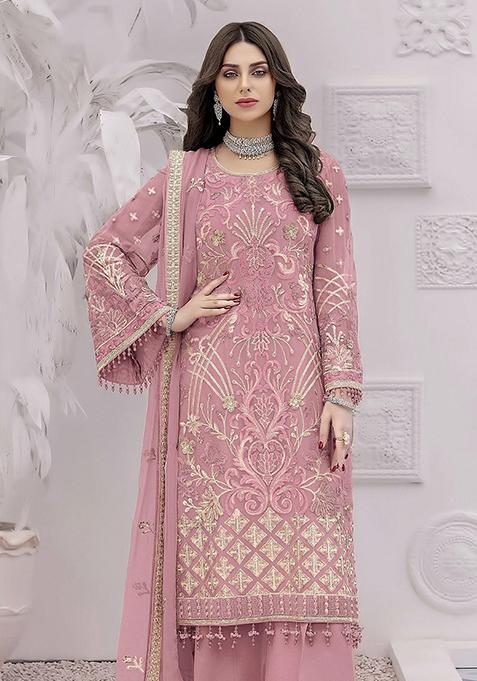 Pink Embroidered Faux Georgette Kurta Set