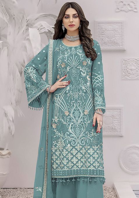 Blue Embroidered Faux Georgette Kurta Set