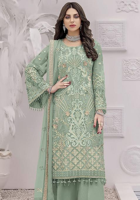 Green Embroidered Faux Georgette Kurta Set