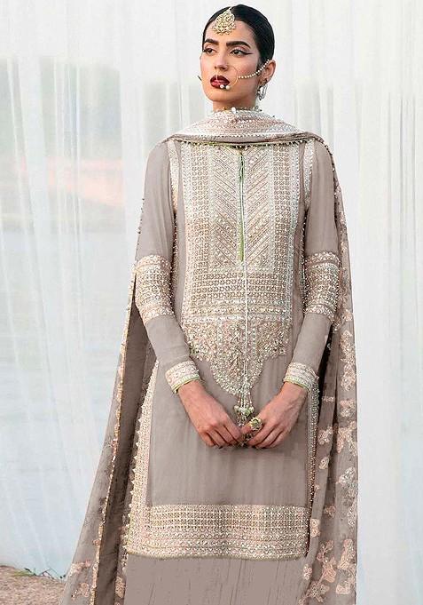 Beige Embroidered Faux Georgette Kurta Set