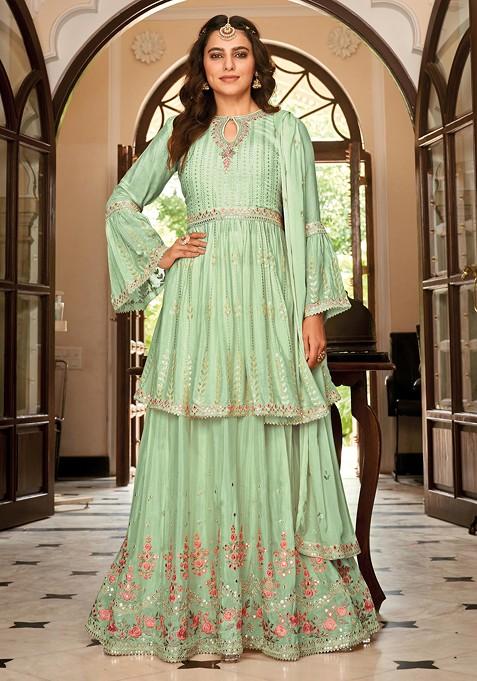 Pista Green Embroidered Chinon Kurta Set