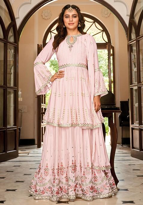 Pink Embroidered Chinon Kurta Set