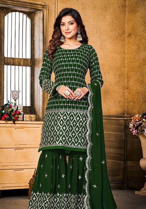 Green Embroidered Faux Georgette Kurta Set