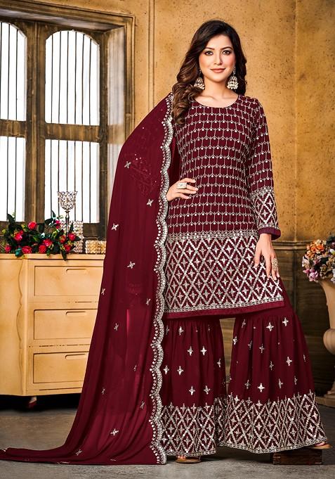 Maroon Embroidered Faux Georgette Kurta Set