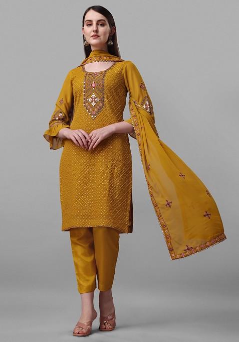 Mustard Embroidered Faux Georgette Kurta Set