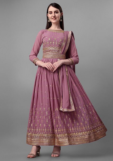 Pink Embroidered Faux Georgette Kurta Set