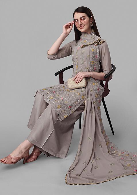 Grey Embroidered Faux Georgette Kurta Set