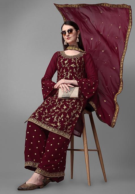 Maroon Embroidered Faux Georgette Kurta Set