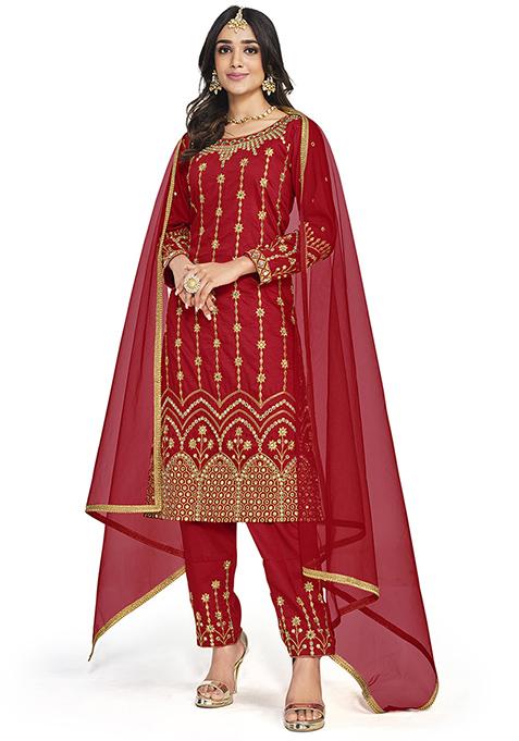 Red Embroidered Bitalian Soft Silk Kurta Set