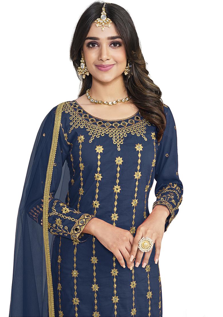 Blue Embroidered Bitalian Soft Silk Kurta Set - Indya