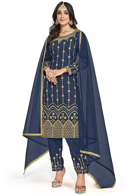 Blue Embroidered Bitalian Soft Silk Kurta Set