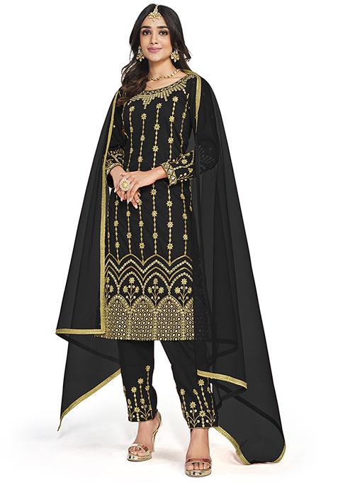 Black Embroidered Bitalian Soft Silk Kurta Set