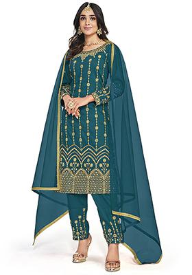 Teal Blue Embroidered Bitalian Soft Silk Kurta Set