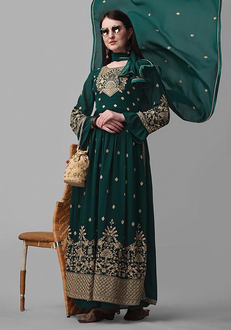 Green Embroidered Faux Georgette Anarkali Kurta Set