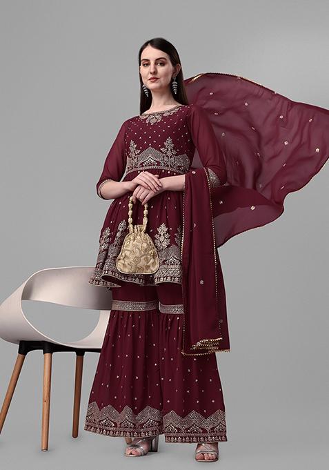 Maroon Embroidered Faux Georgette Kurta Set