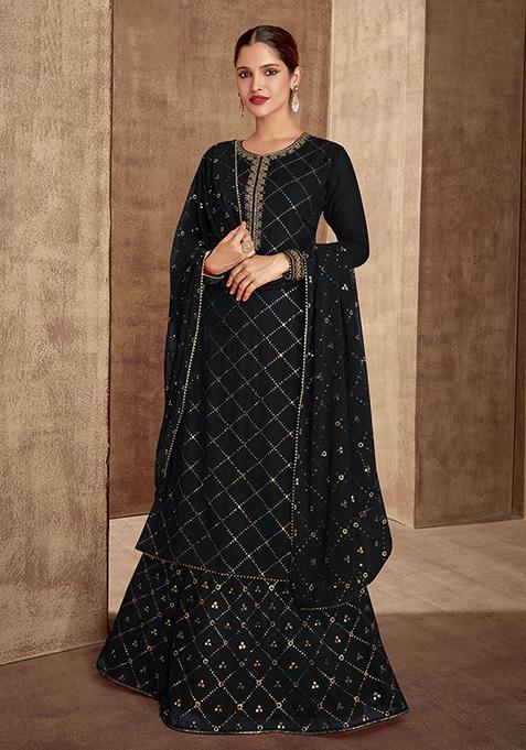 Black Embroidered Faux Georgette Kurta Set