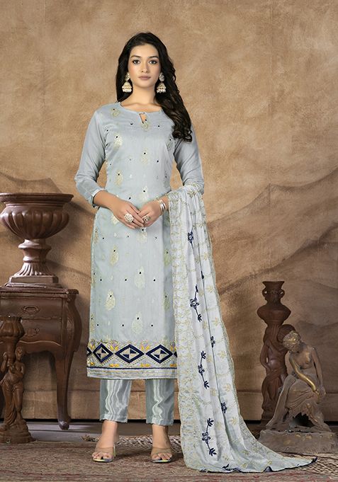 Blue Embroidered Modal Banarasi Kurta Set