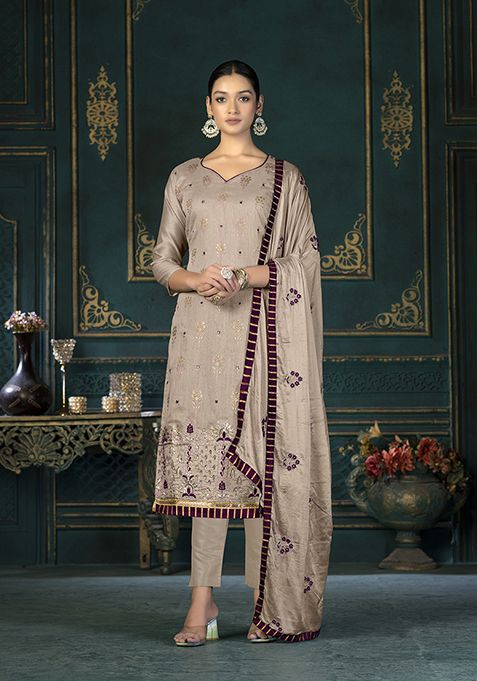 Purple Embroidered Modal Chanderi Kurta Set