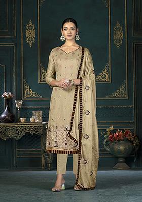 Beige Embroidered Modal Chanderi Kurta Set