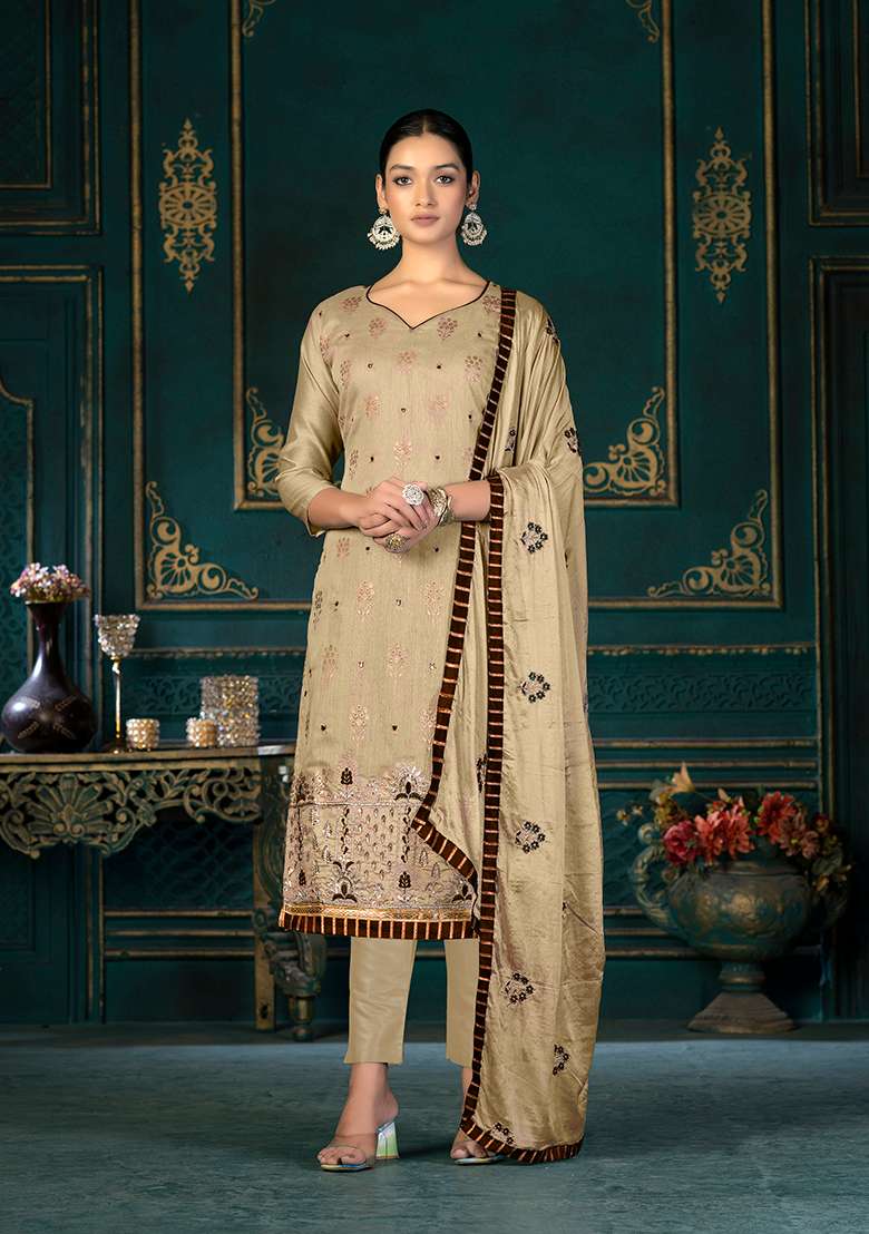 Beige Embroidered Modal Chanderi Kurta Set - Indya