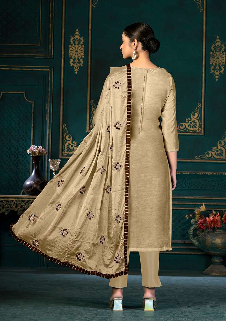 Beige Embroidered Modal Chanderi Kurta Set - Indya