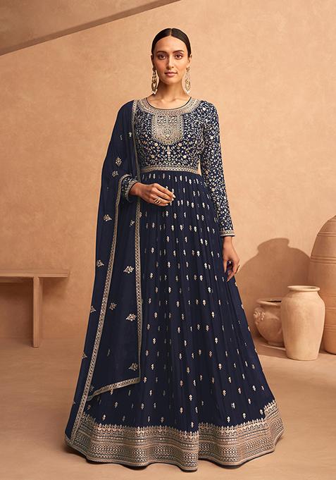 Blue Embroidered Faux Georgette Anarkali Gown Set