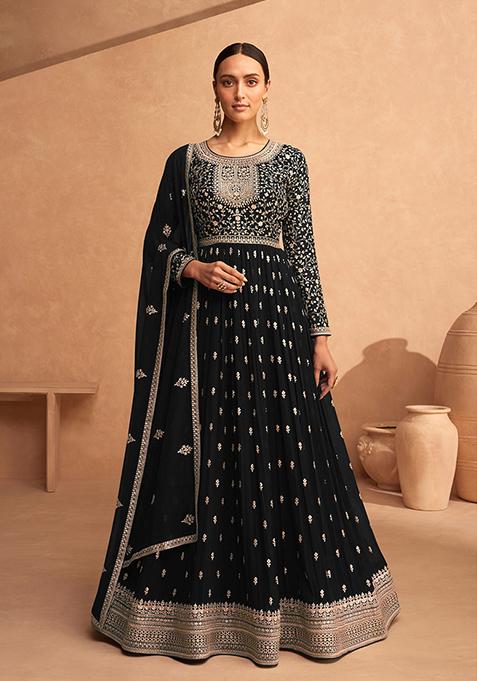 Black Embroidered Faux Georgette Anarkali Gown Set