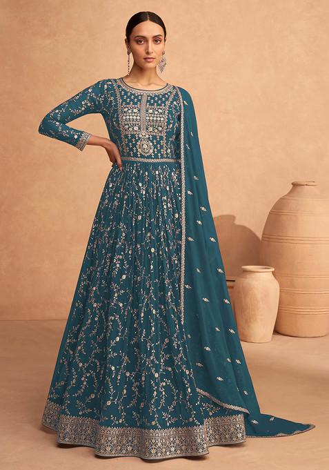 Rama Blue Embroidered Faux Georgette Anarkali Gown Set