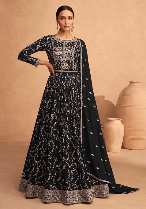 Black Embroidered Faux Georgette Anarkali Gown Set