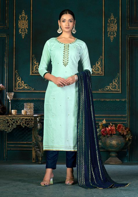 Sky Blue Embroidered Cambric Cotton Kurta Set