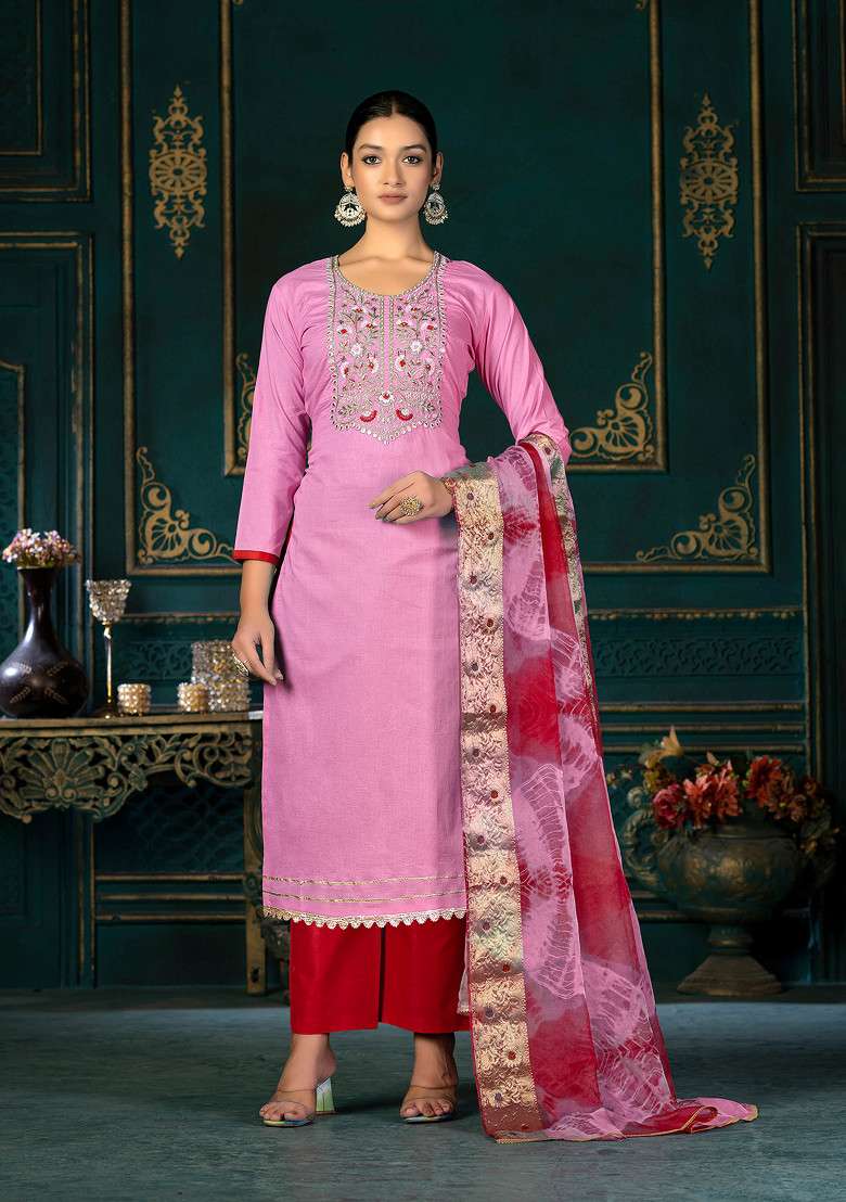 Pink Embroidered Cambric Cotton Kurta Set - Indya