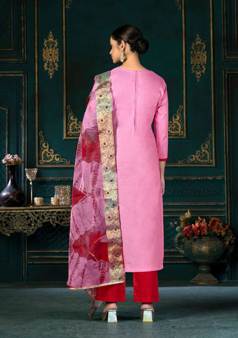 Pink Embroidered Cambric Cotton Kurta Set - Indya