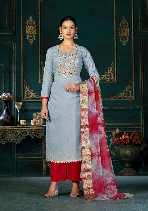 Blue Embroidered Cambric Cotton Kurta Set