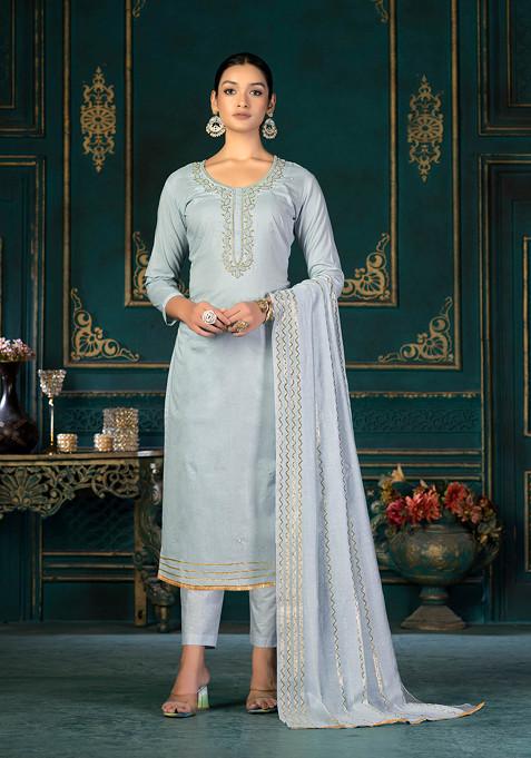 Grey Embroidered Cambric Cotton Kurta Set