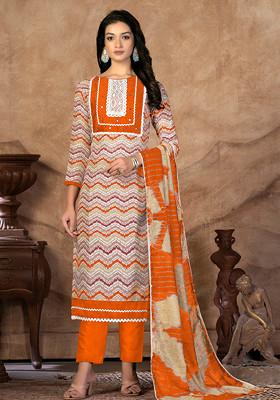 Orange Hand Embroidered Cotton Kurta Set