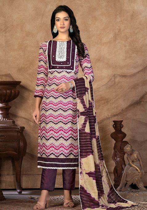 Wine Hand Embroidered Cotton Kurta Set