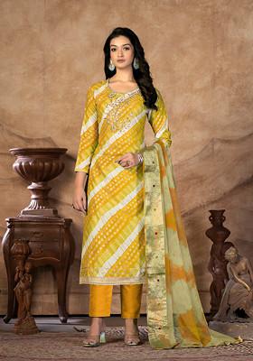 Yellow Hand Embroidered Jam Cotton Kurta Set