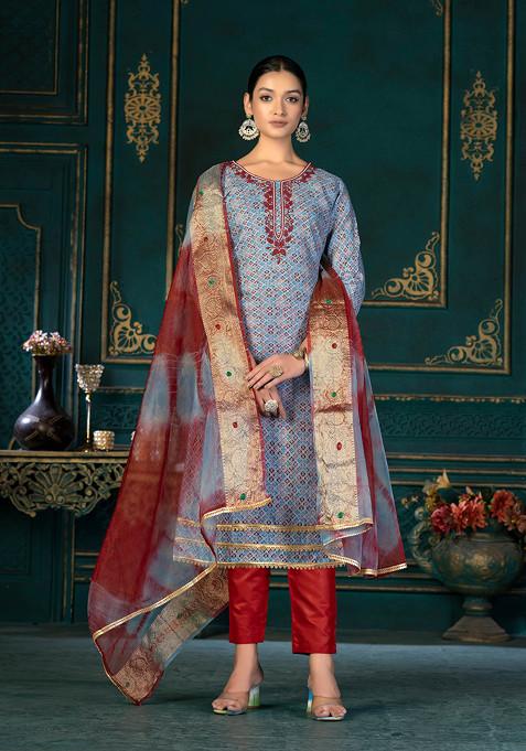 Blue Hand Embroidered Cotton Kurta Set