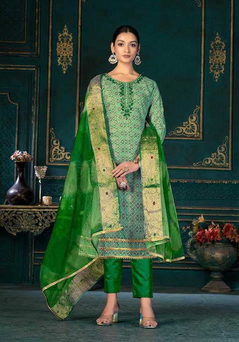 Green Hand Embroidered Cotton Kurta Set