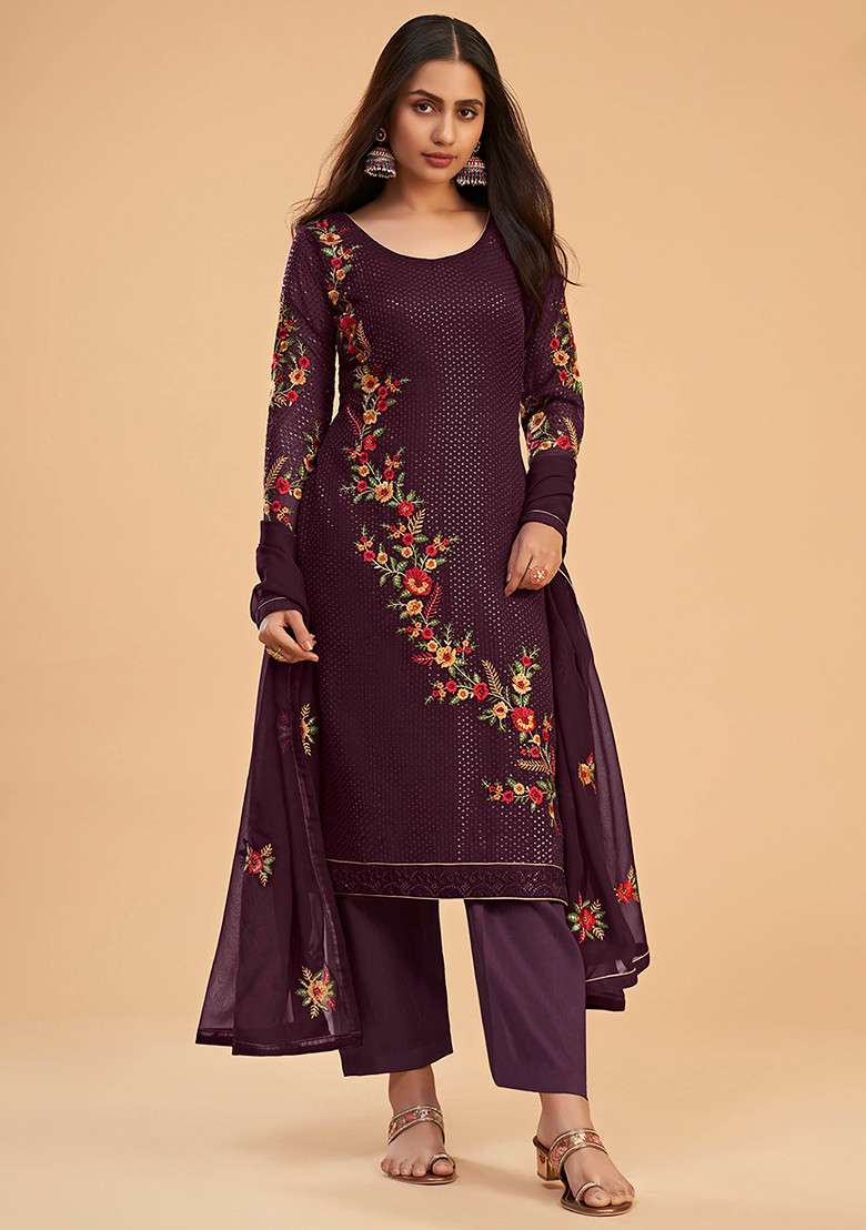 Wine Embroidered Georgette Kurta Set - Indya