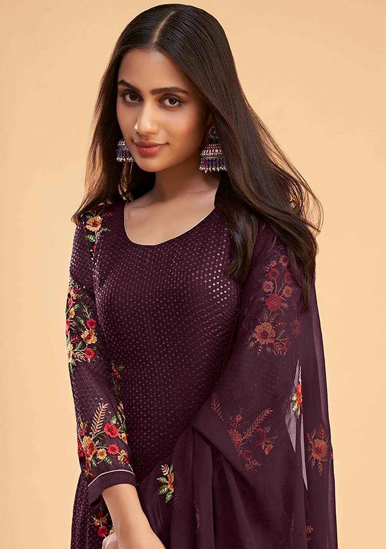 Wine Embroidered Georgette Kurta Set - Indya