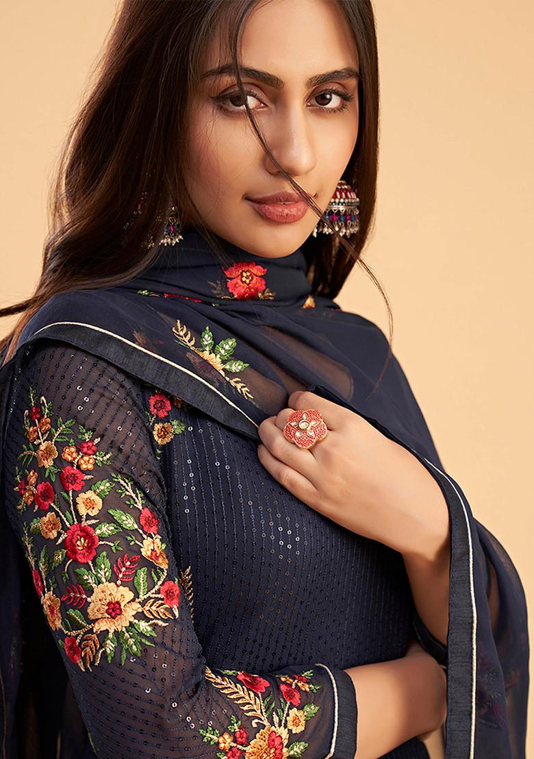 Blue Embroidered Georgette Kurta Set
