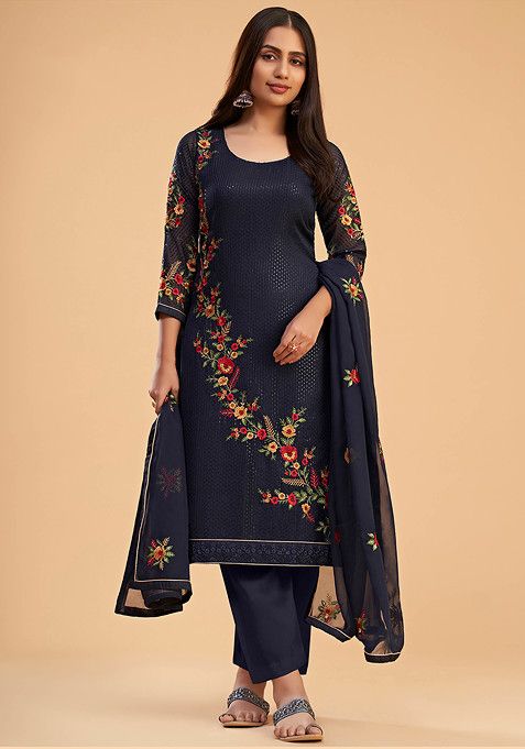 Blue Embroidered Georgette Kurta Set