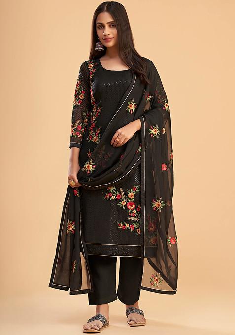 Black Embroidered Georgette Kurta Set