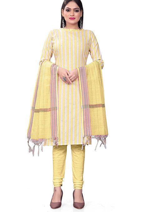 Yellow Woven Cotton Kurta Set