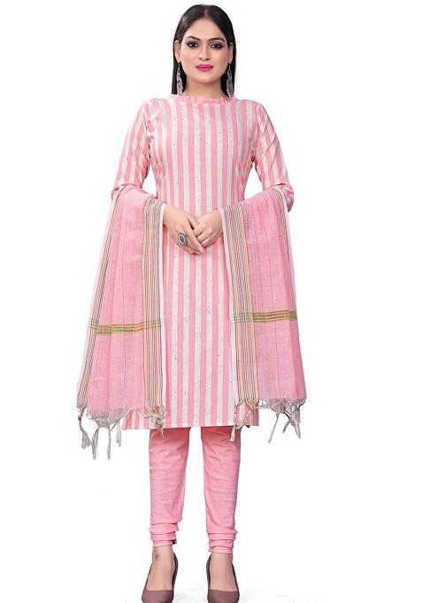 Pink Woven Cotton Kurta Set