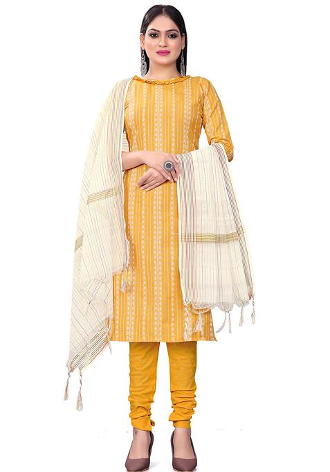 Yellow Woven Cotton Kurta Set