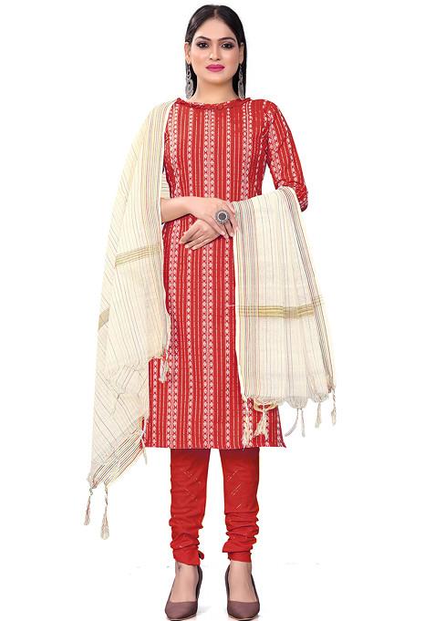 Red Woven Cotton Kurta Set